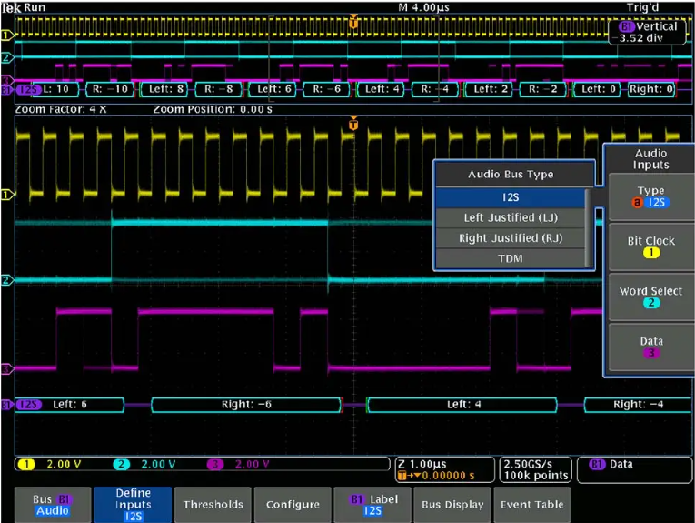 Tektronix Installed Option, Audio serial triggering and analysis (I2S, LJ, RJ, TDM)