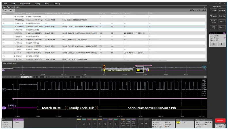 Tektronix Installed option, One Wire (1-Wire) Protocol Decoder and Search