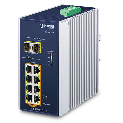 PLANET IP30  8-Port PoE+, 2 port SFPIE Swich w/12V Booster