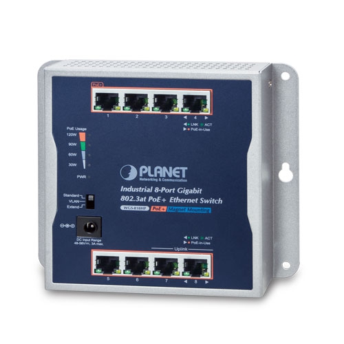 PLANET Industrial 8-Port 10/100/1000T Wall-mounted Gigabit PoE+ Switch